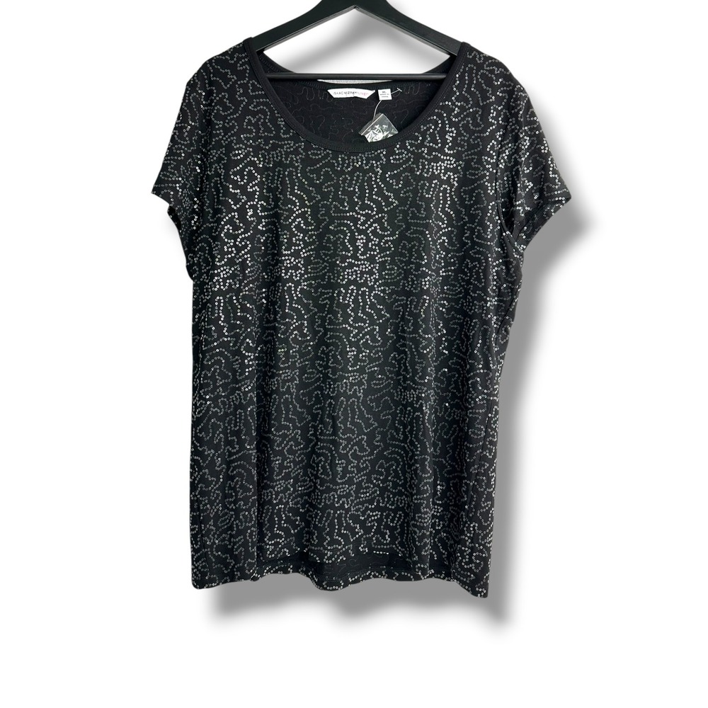 Isaac Mizrahi Live! Womens‎ XL Black Silver Sequin Swirl Short Sleeve Scoop Top
